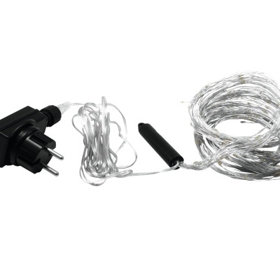 Luzes de cordão transparentes com ficha preta e cabo enrolado