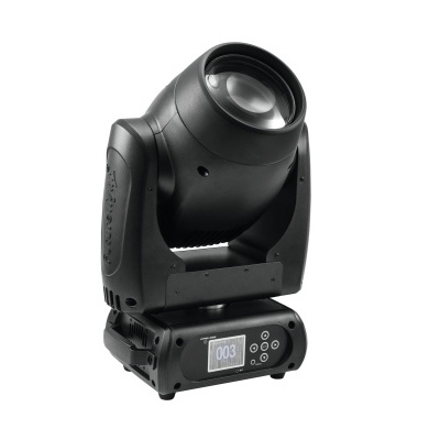 Luz LED de espetáculo preta com ecrã digital e botões de controlo em fundo branco