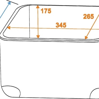 Desenho técnico de um recipiente retangular com dimensões em milímetros