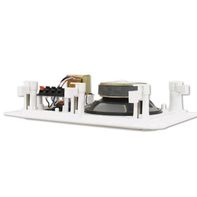 Placa eletrónica branca com alto-falante preto redondo e conectores