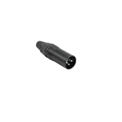 Conector XLR preto com três pinos metálicos