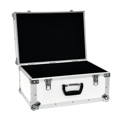 Mala de transporte branca com interior preto e fechos metálicos aberta