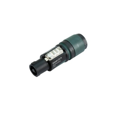 Conector jack preto com detalhes verdes e botão branco