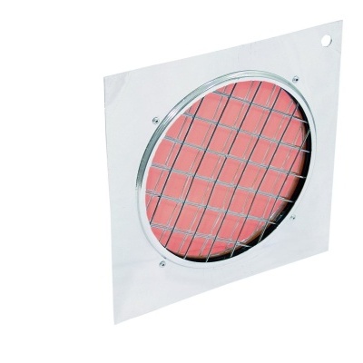 Grelha metálica quadrada com grade circular prateada sobre superfície cor-de-rosa