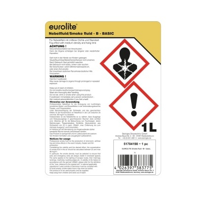 Rótulo de fluído neutro para neblina e fumo Eurolite B-BASIC de 1 litro com instruções de segurança