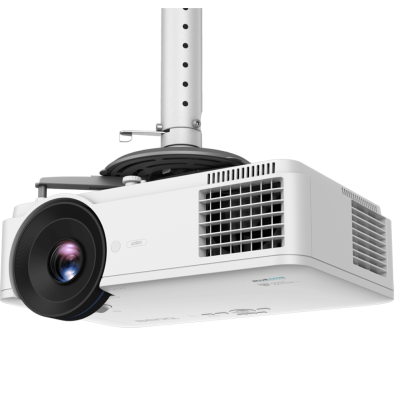 Projetor branco com lente preta no teto, suporte metálico branco