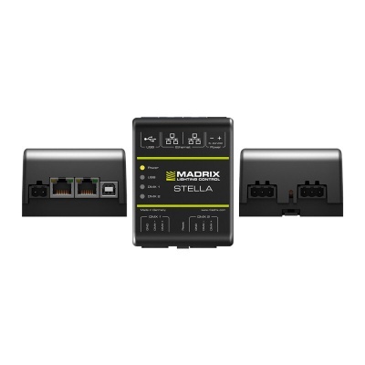 Controlador de iluminação Madrix Stella, preto com portas USB, Ethernet, e etiquetas em branco e verde