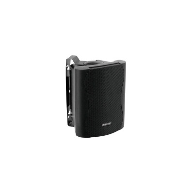 Coluna de som preta com suporte metálico