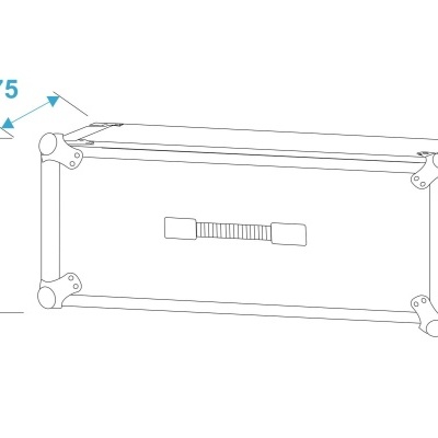 Desenho técnico de caixa retangular com cantos reforçados e pega central.