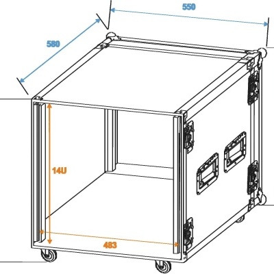 Estojo rígido retangular branco com rodas e ferragens metálicas para transporte