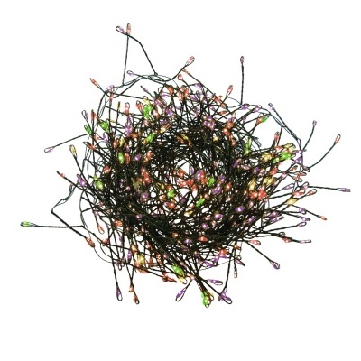 Cordão de luzes LED multicoloridas com fios pretos em forma circular