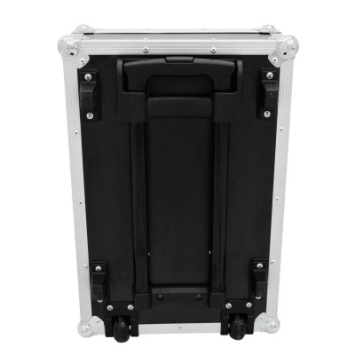 Mala de transporte rígida preta com cantos metálicos prateados e rodízios