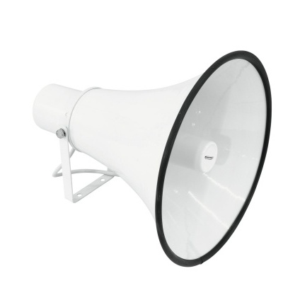 Megafone branco com aro preto sobre fundo branco