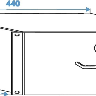 Caixa retangular técnica com porta, pega e fecho, com medidas em mm