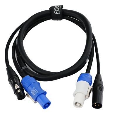 Cabo de áudio preto com conectores Speakon e XLR