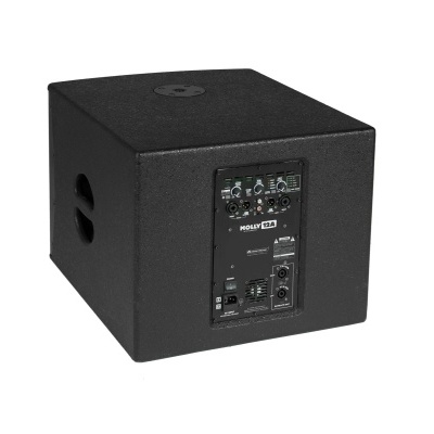 Subwoofer ativo preto com painel de controlo e texto Rockit 10
