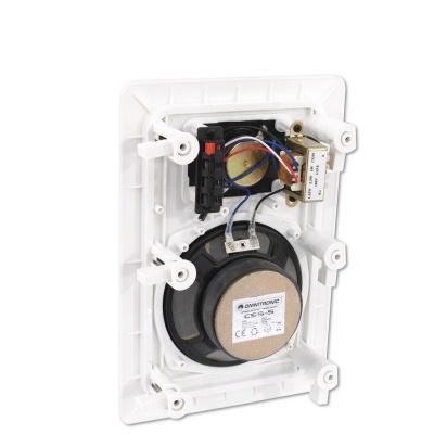 Painel branco com alto-falante preto e componentes eletrónicos visíveis