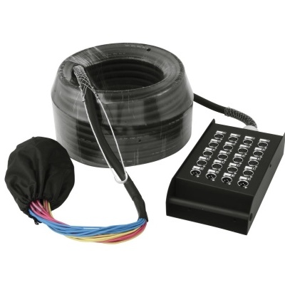 Cablagem elétrica colorida com conectores numa caixa preta e tubo protetor preto enrolado