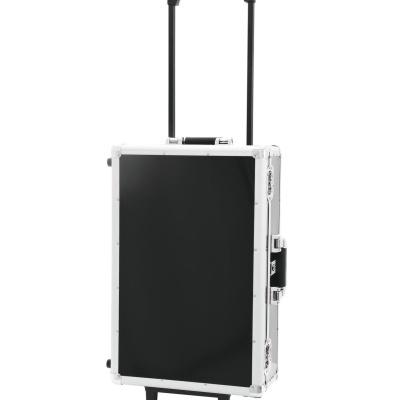 Mala de viagem rígida preta e branca com pega extensível e rodas