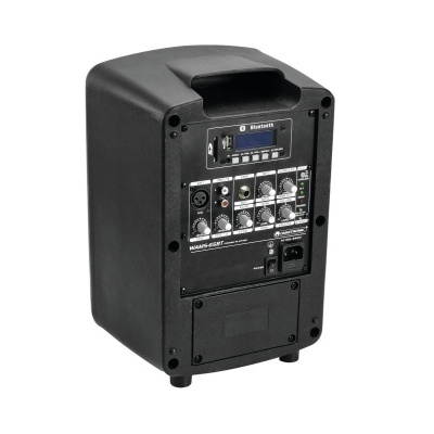 Coluna de som preta compacta com painel de controlo frontal digital