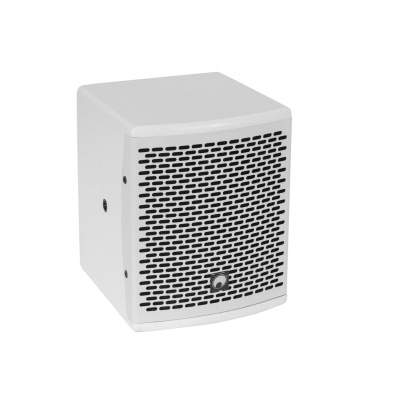 Speaker branco com grelha preta e corpo retangular