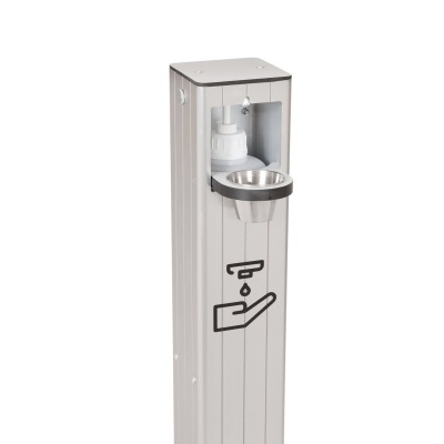 Dispositivo dispensador de higiene para mãos tipo poste em metal cinza com suporte para garrafa e ícone de mão