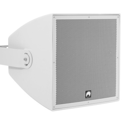 Coluna de som branca retangular com grelha perfurada frontal e suporte lateral ajustável