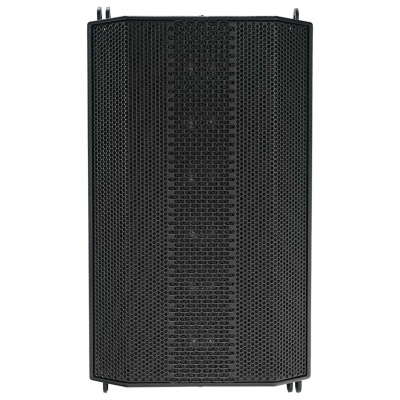 Coluna de áudio profissional preta com grelha perfurada
