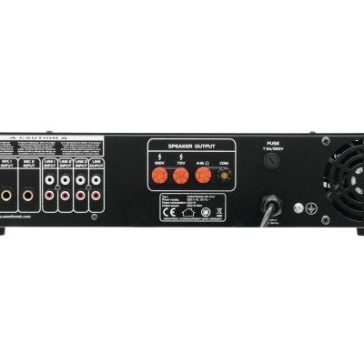 Amplificador preto com várias entradas áudio e saídas para colunas na parte traseira