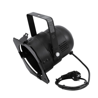 Projetor preto com suporte de metal e cabo elétrico num fundo branco