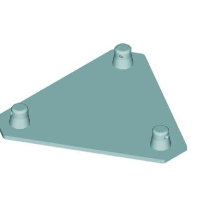 Placa triangular de plástico azul com três suportes cilíndricos