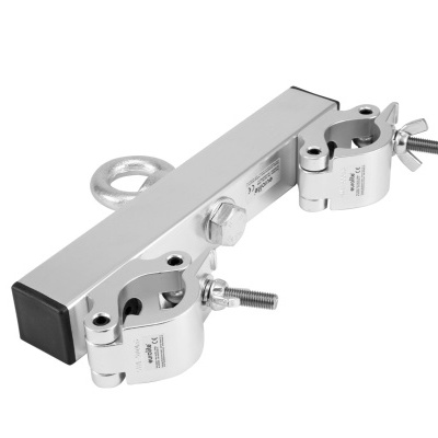 Suporte metálico prateado com braçadeiras ajustáveis e anel de suspensão