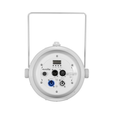 Equipamento elétrico redondo branco Eurolite com visor digital e conexões num suporte metálico