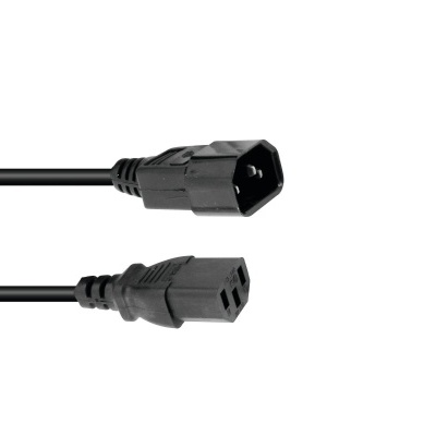 Cabo eléctrico preto com conectores de três pinos em fundo branco