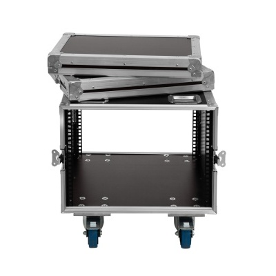 Mala preta de transporte para equipamentos electrónicos com rodas azuis.