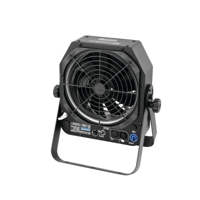 Ventoinha portátil cinza com estrutura metálica e painel com conectores