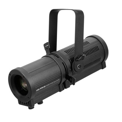 Projetor de iluminação teatral preto cilíndrico com suporte ajustável