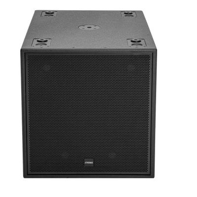 Subwoofer preto com grelha frontal em metal e superfície texturizada