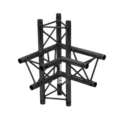 Estrutura metálica preta com tubos cilíndricos interligados sobre fundo branco