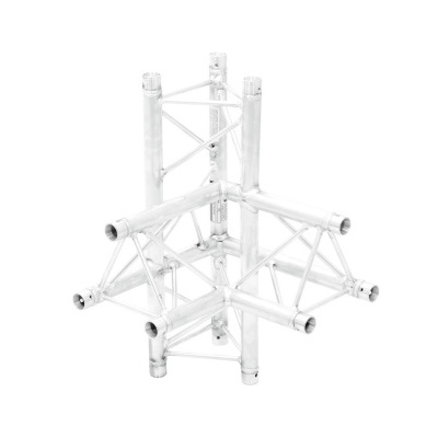 Estrutura metálica modular branca com tubos cilíndricos e fios diagonais