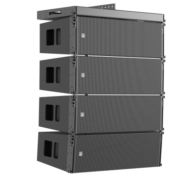 Coluna de som profissional preta com quatro altifalantes empilhados