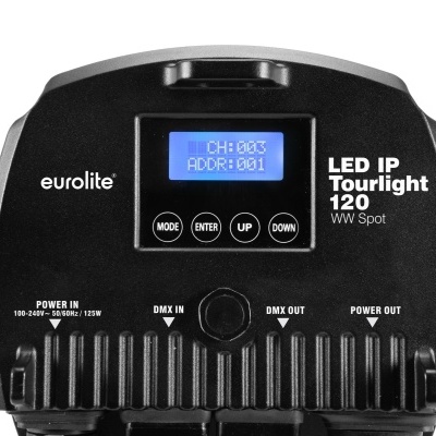 Luz de palco LED IP Tourlight 120 preto com ecrã digital azul e botões