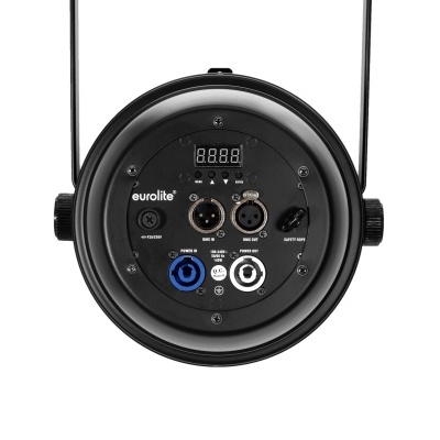 Dispositivo preto redondo com conexões e botões, marca eurolite