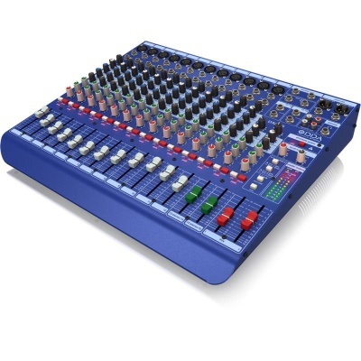 Mesa de som azul com botões, faders e entradas