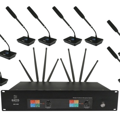 Sistema de microfones sem fios com 8 microfones tipo gooseneck e receptor preto