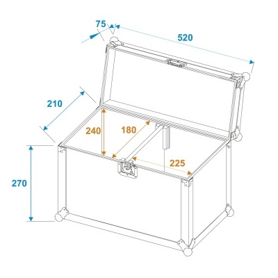 Caixa de armazenamento branca com tampa aberta e medidas dimensionais