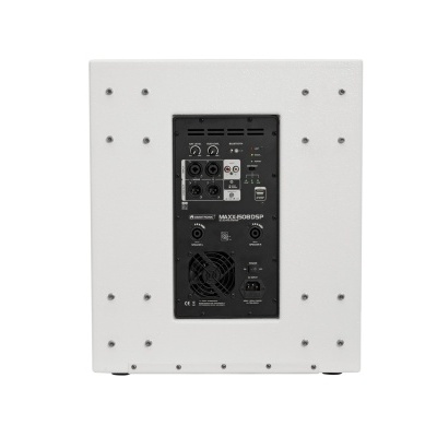 Painel traseiro de subwoofer branco com controlos e portas