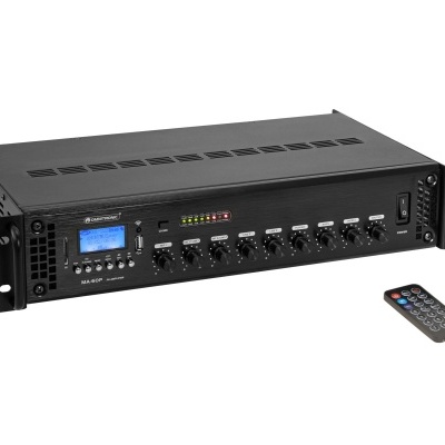 Amplificador de som preto com visor digital e comando remoto