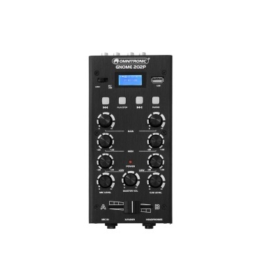 Mixer de áudio preto com ecrã digital azul e botões
