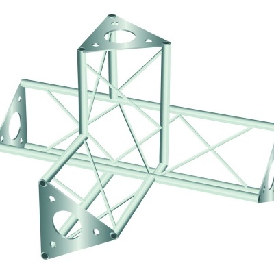 Estrutura metálica triangular cinza com furos e reforços cruzados